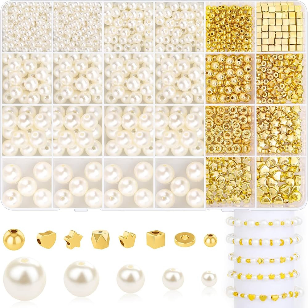 1290 Pieces Pearl Beads and Gold Spacer Beads for Bracelets Making, Assorted Gold Beads, Pearls f... | Amazon (US)