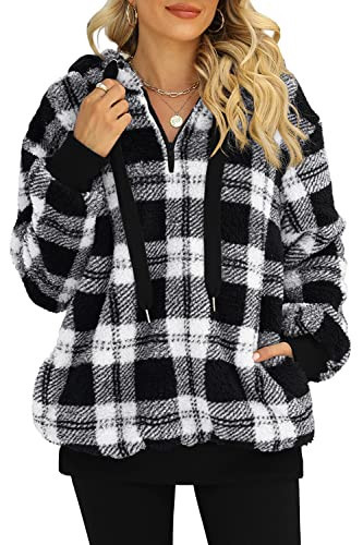 ReachMe Womens Oversized Sherpa Pullover Hoodie with Pockets Black and White Plaid Top Women Gifts for Christmas(B0 Plaid Black White,3XL) | Amazon (US)