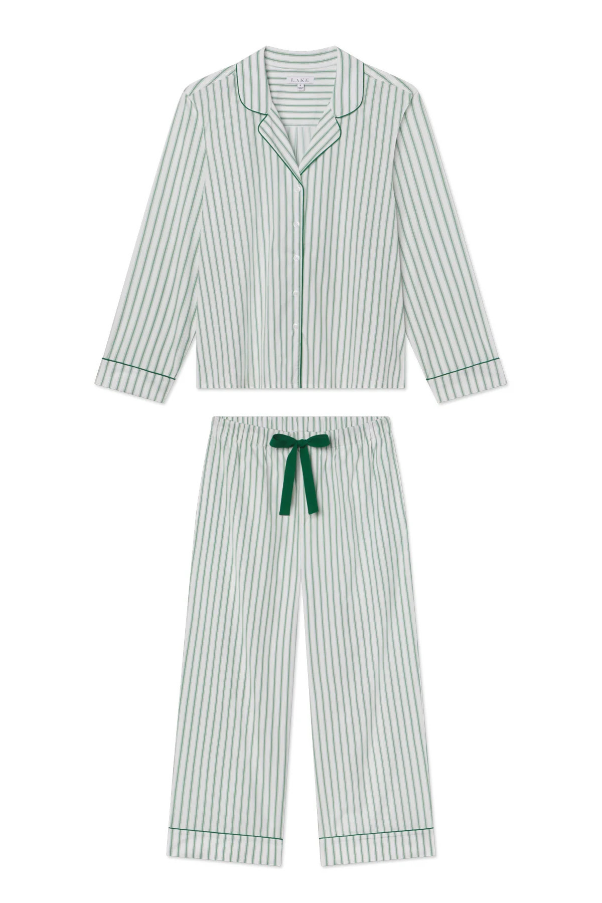 Poplin Chloe Long Sleeve Pajama Set in Classic Green Ticking Stripe | Lake Pajamas