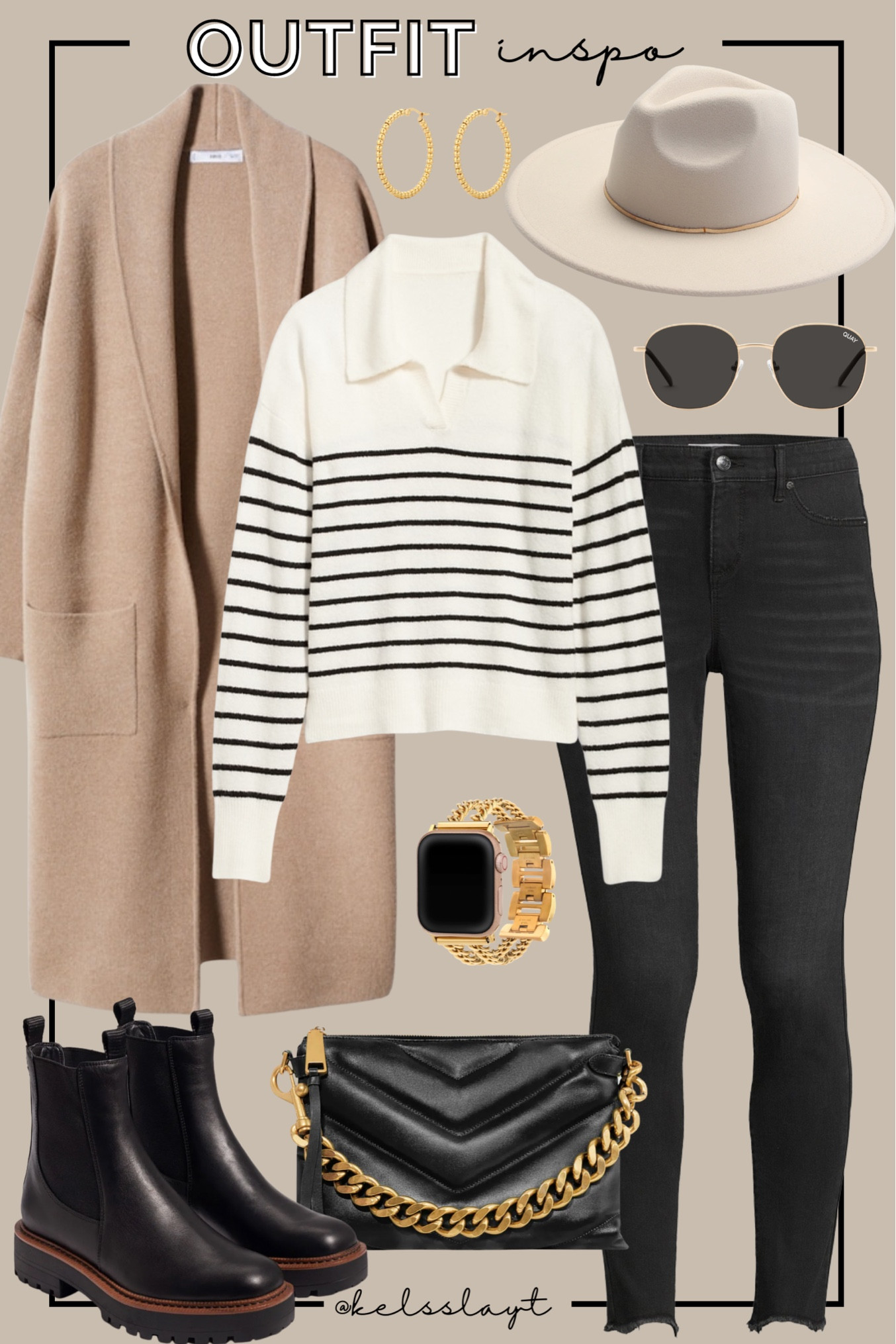 Outfit idea, mango coat, knit coat, striped sweater, polo sweater, old navy, black jeans, Walmart fashion, black boots, Sam Edelman boots, Rebecca Minkoff bag, Victoria Emerson Apple Watch band 

#LTKstyletip #LTKshoecrush #LTKunder50