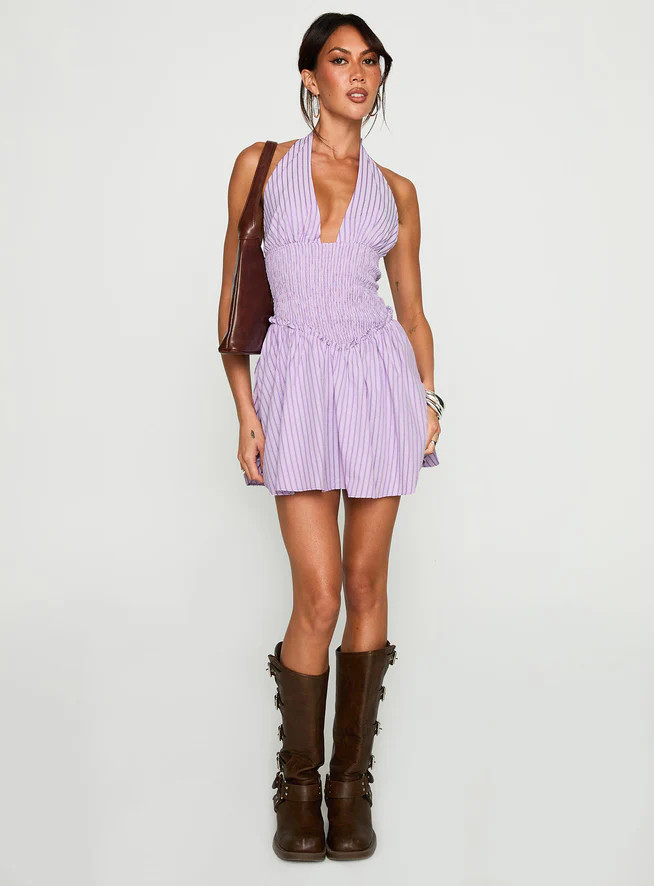 Attracted Halter Mini Dress Purple Stripe | Princess Polly US