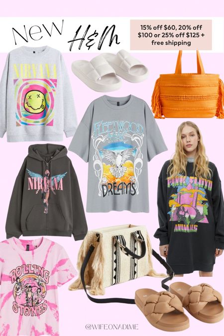 New arrivals from H&M! I some cute oversized sweatshirts and hoodies. Dupes for urban outfitters daydreamer t-shirts. Nirvana sweatshirt, Def Leppard hoodie,b pink Floyd, pool slides, fringe bag, pool bag. 

#LTKFind #LTKshoecrush #LTKFestival