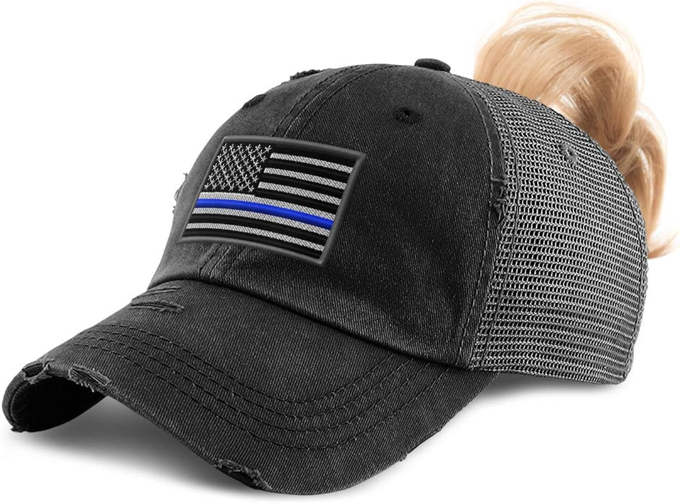 Custom Womens Ponytail Cap American Flag Thin Blue Line Embroidery Cotton | Amazon (US)