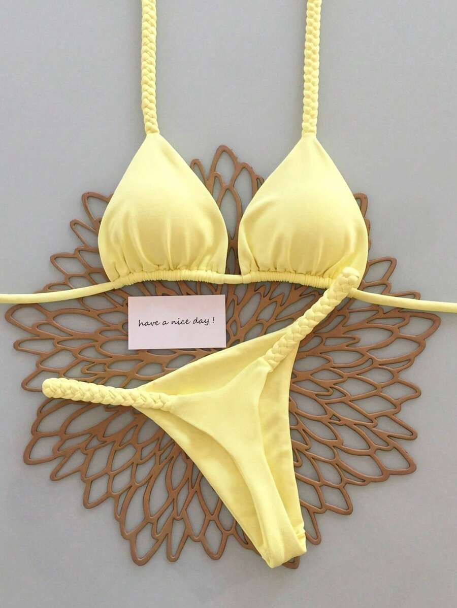 2026 Summer Women's Fresh Lemon Yellow Woven Bikini Swimsuit, Two Pieces Swimsuit, Suitable For Beach Party And Vacation, Christmas And Halloween Outfit | SHEIN