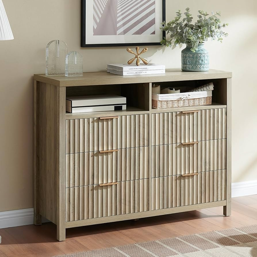6 Drawer Dresser Fluted 6 Drawers Dresser Wood Modern Chest of Drawers with 2 Open Shelves, Wide ... | Amazon (US)
