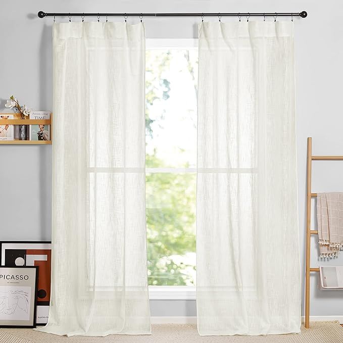 RYB HOME Linen Sheer Curtains Extra Long Farmhouse Bedroom Sliding Door, Light Cream, W 52 x L 12... | Amazon (US)