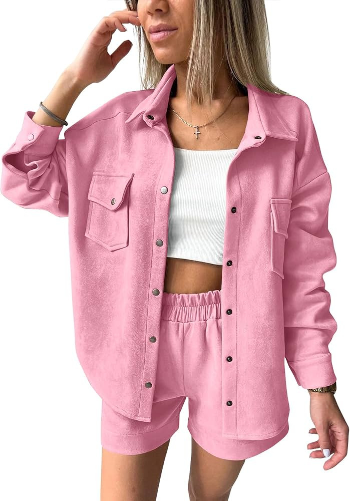 KIRUNDO Womens Fall Fashion 2024 Two Piece Outfits Casual Tracksuit Suede Long Sleeve Shirt Jacke... | Amazon (US)