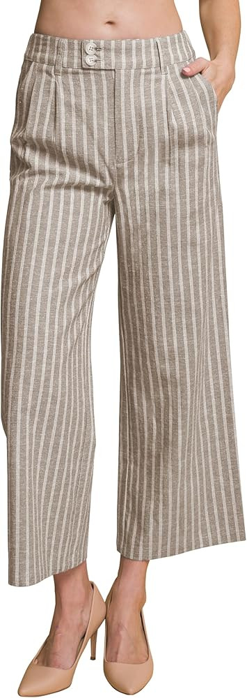 miduo Womens Elastic Buttons Zipper High Waisted Striped Cropped Pants Straight Leg Pant Trousers... | Amazon (US)