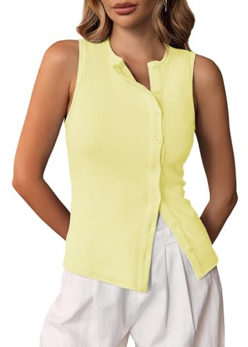 Cicy Bell Womens Button Down Tank Tops Summer Sleeveless Vest Tops Trendy Ribbed Fitted Going Out Shirts Light Yellow | Amazon (US)