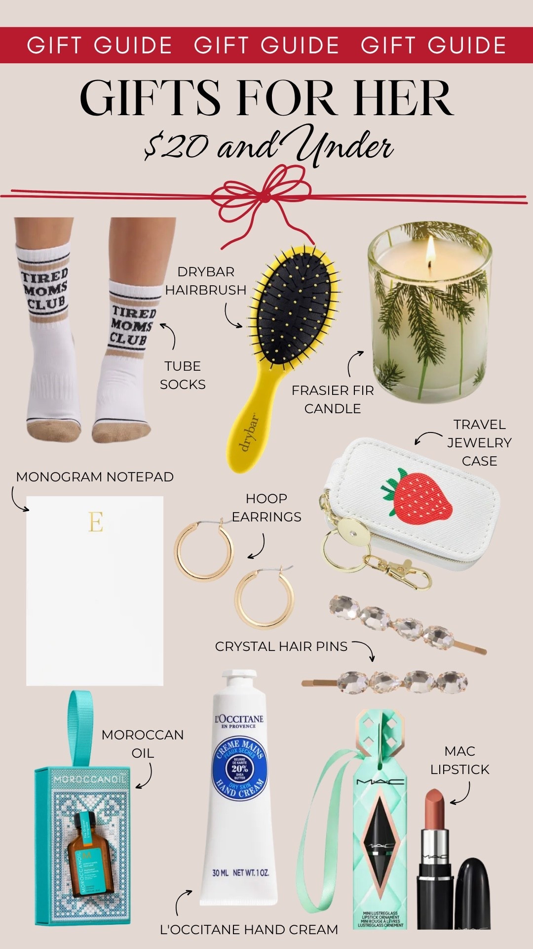 Gifts for her under $20 include  tube socks, a Drybar brush, frasier fir candle, a travel jewelry holder, monogrammed notepad, hoop earrings, crystal hair pins, Moroccan Oil, L’Occitane gift set, and MAC lipstick.

Gifts for her, gifts for mom, gift guide, gifts under 20

#LTKGiftGuide #LTKFindsUnder50 #LTKHoliday