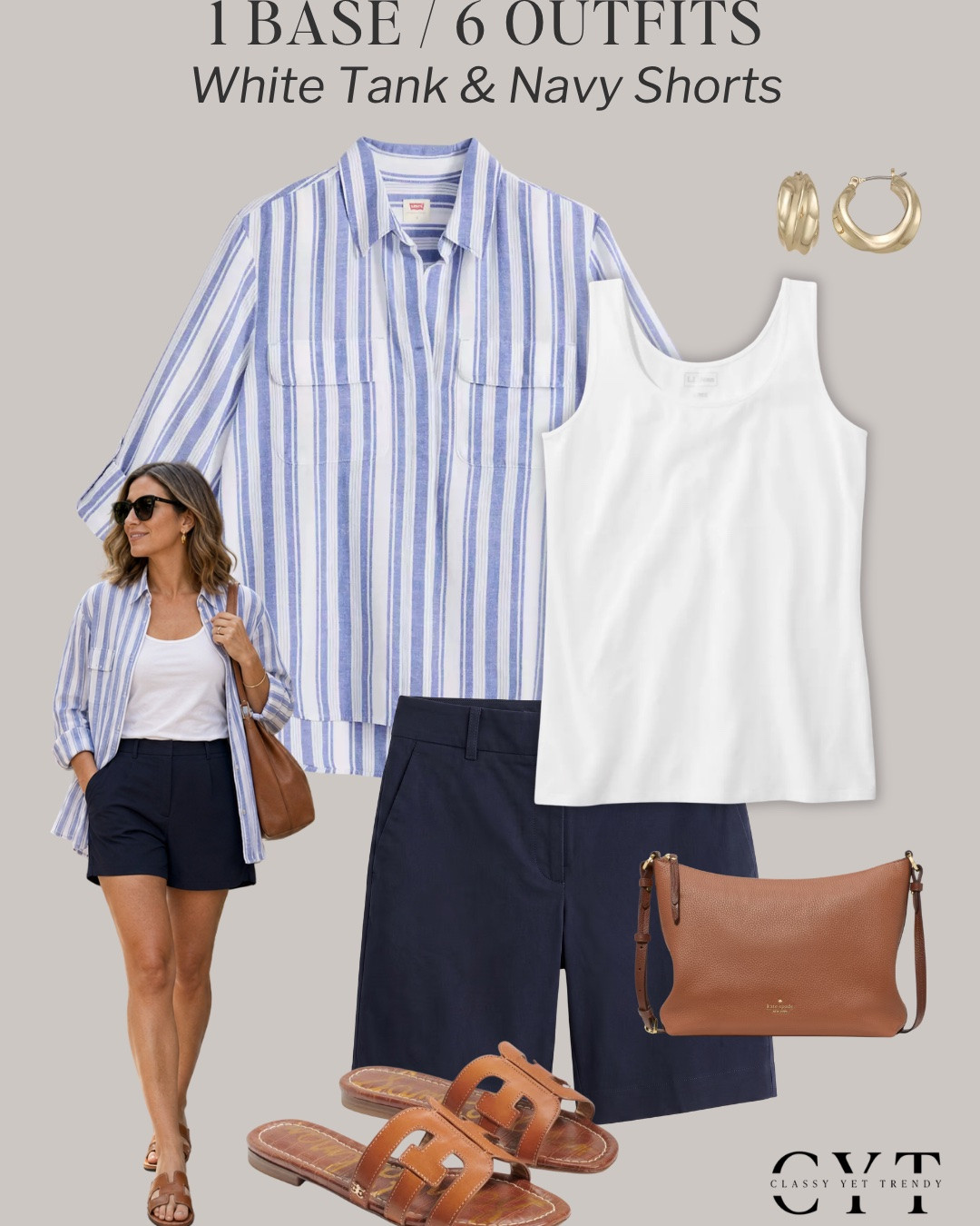 1 Base, 6 Outfits: Summer Edition 🎉 6 ways to wear two classic and timeless wardrobe staples: white tank and navy shorts (or black shorts) ✔️ Mix and match lightweight tops, shoes and accessories to create different looks. 

how to style, outfit ideas, elevated outfit, wardrobe essentials, chambray, button down shirt, casual sneakers, jelly flats, slide sandals, sandal heels, strap sandals

#summerstyle #summeroutfits #howtowear #stylinginspo #styletips