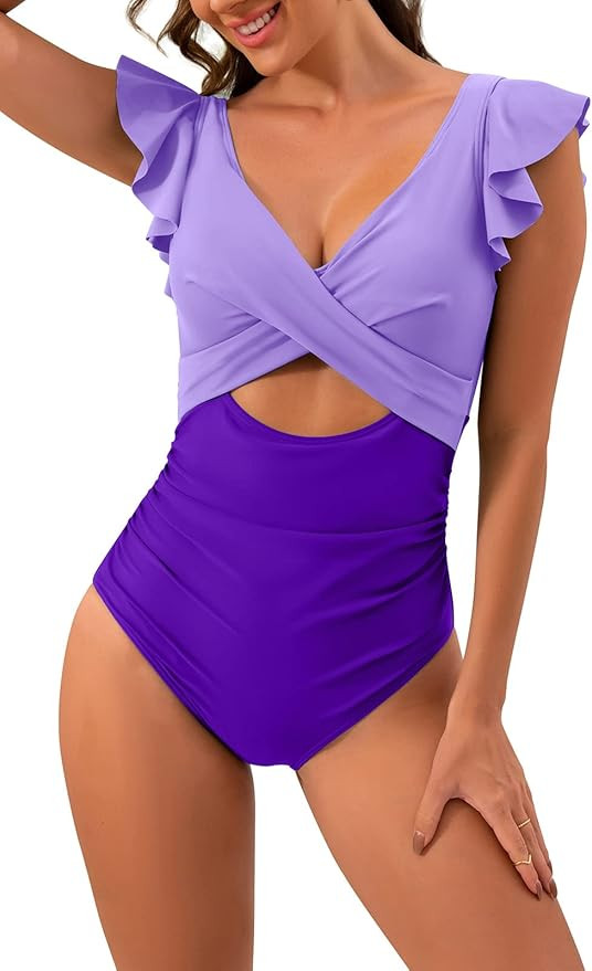 B2prity Women's One Piece Swimsuit Ruffle Cutout Bathing Suits Slimming Tummy Control V Neck Wrap... | Amazon (US)