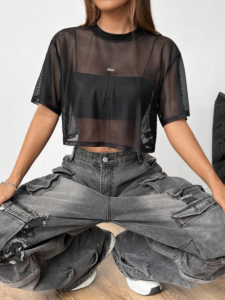 SHEIN EZwear Women's Short Sleeve Black Mesh Top | SHEIN