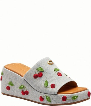 Marie Cherry Embroidered Denim Platform Wedge Slide Sandals | Dillard's