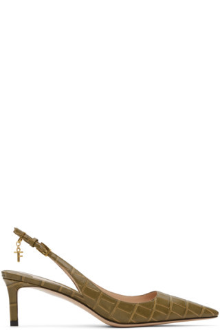 Khaki 55mm Stamped Croc Slingback Heels | SSENSE