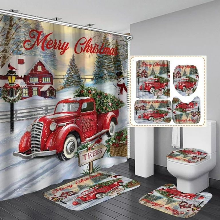 Christmas Red Vintage Truck Shower Curtain Set, Red Car Christmas Farm Free Life Shower Curtain f... | Walmart (US)
