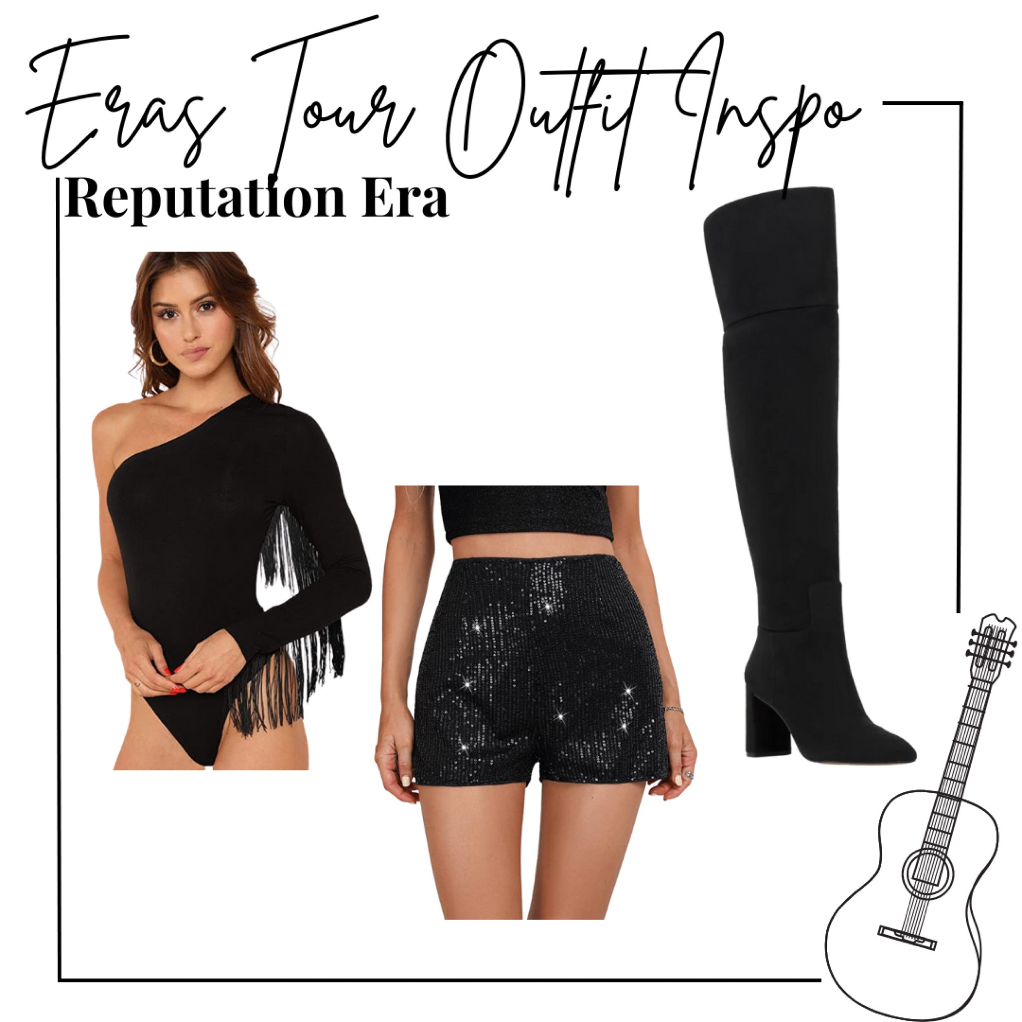 Taylor swift eras tour Outfit inspo - reputation era - amazon fringe one shoulder bodysuit, black sequin shorts, over the knee boots 
.
Concert Outfit, Nordstrom finds, amazon finds, ootd 

#LTKFind #LTKunder50 #LTKshoecrush