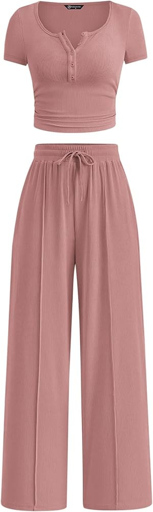 PRETTYGARDEN Womens 2 Piece Outfits Summer 2026 Ribbed Knit Button Short Sleeve Tops Casual Wide ... | Amazon (US)