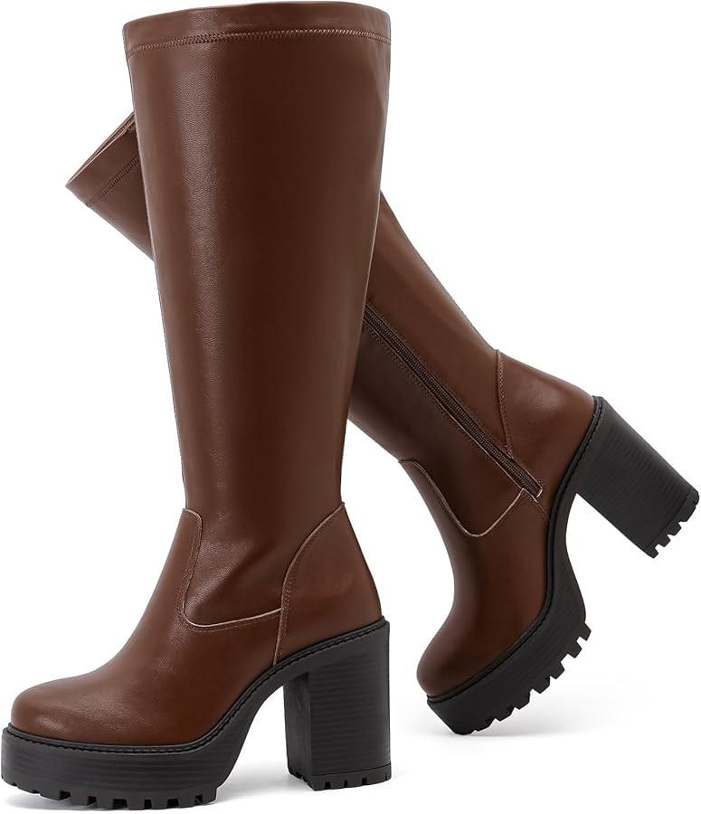 Women's Extra Wide Calf Knee High Boots True Wide Width Platform Chunky Heeled Gogo Boots Rounded... | Amazon (US)