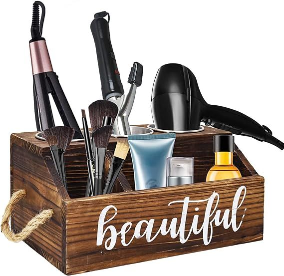 Rustic Wood Hair Dryer Holder, Hair Styling Product Care Tool Organizer, Bathroom Countertop & Va... | Amazon (US)