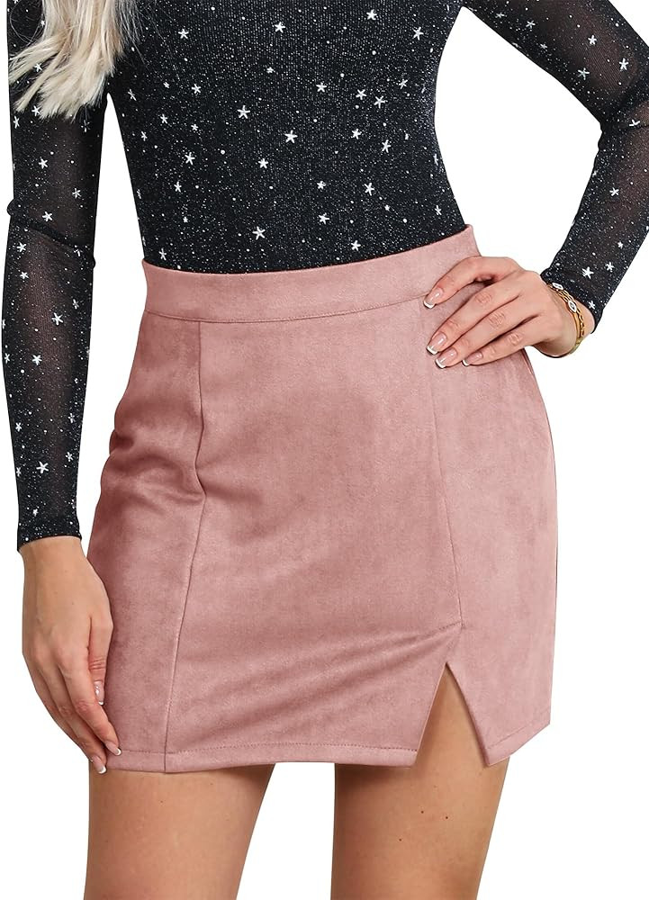 Ezcosplay Women Faux Suede Sexy Mini Skirt with Slit High Waisted Zipper Back Pencil Bodycon Shor... | Amazon (US)