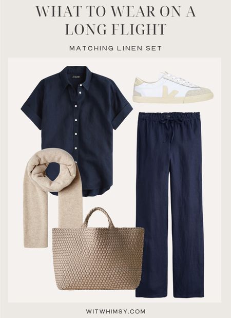 What to wear on a long flight - matching linen top and linen pants, travel cashmere wrap, sneakers, travel bag 

#LTKstyletip #LTKtravel