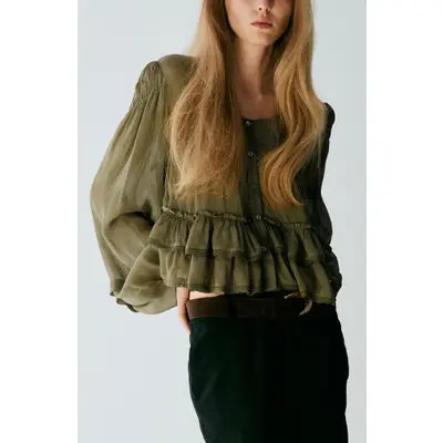 MANGO Ruffled Lace Trim Top in Green at Nordstrom, Size 6 | Nordstrom