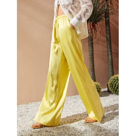 Yellow Casual Women s Drawstring Waist Slant Pocket Satin Pants XL(12) Y22015D-1 | Walmart (US)