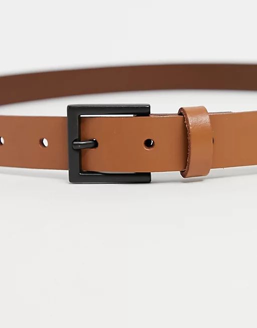 ASOS DESIGN leather skinny belt in tan with matte black buckle | ASOS (Global)
