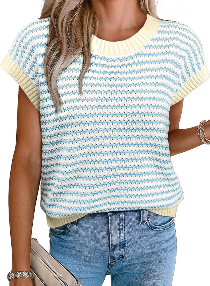 EVALESS Women's Sweater Vest Striped Pullover Tank Top Round Neck Cap Sleeve Lightweight 2026 Sum... | Amazon (US)