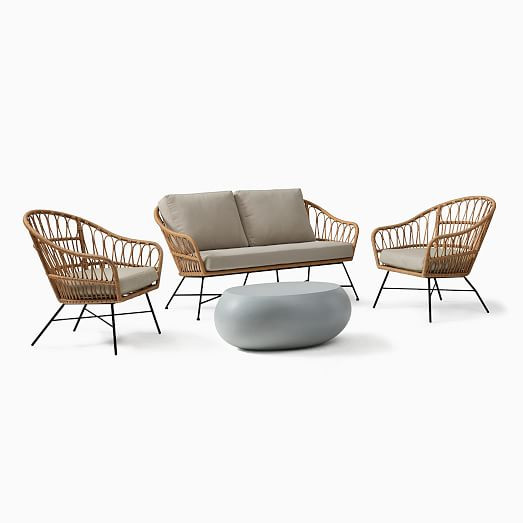 Palma Outdoor Loveseat, Lounge Chairs & Pebble Coffee Table Set | West Elm (US)
