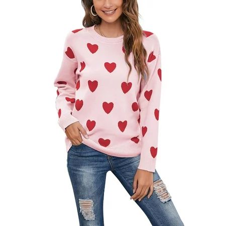 Alsol Lamesa Cute Sweaters for Women Crewneck Long Sleeve Heart Knitted Sweater Pullover Tops Pink | Walmart (US)