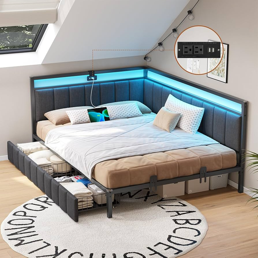 DICTAC Corner Full Bed Frame with 2 Storage Drawers and Charging Station Full Size Platform Bed F... | Amazon (US)