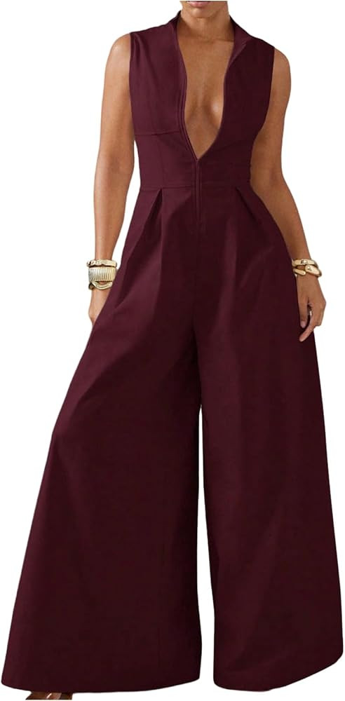 SOLY HUX Women's Zipper Front Wide Leg Jumpsuit Summer Mock Neck Sleeveless Elegant Romper | Amazon (US)