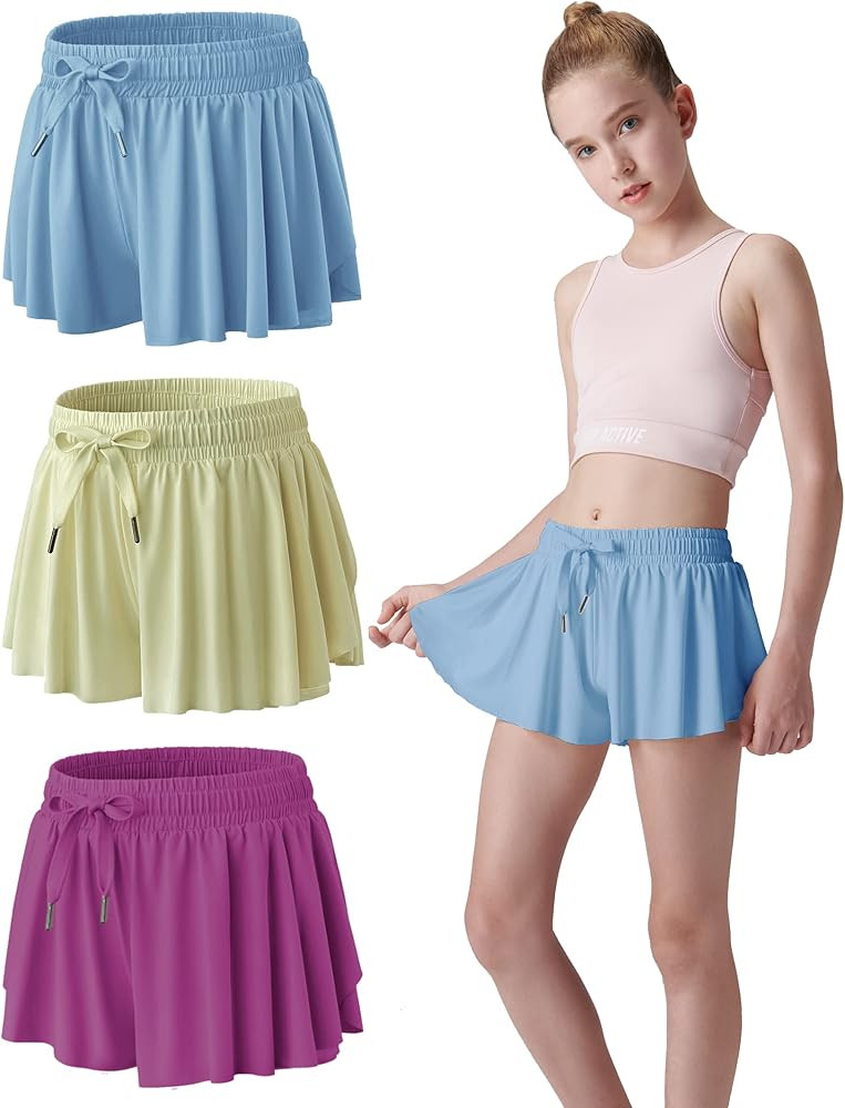 3 Pack Girls Flowy Shorts with Spandex Liner 2-in-1 Youth Butterfly Skirts for Fitness, Running, Spo | Amazon (US)
