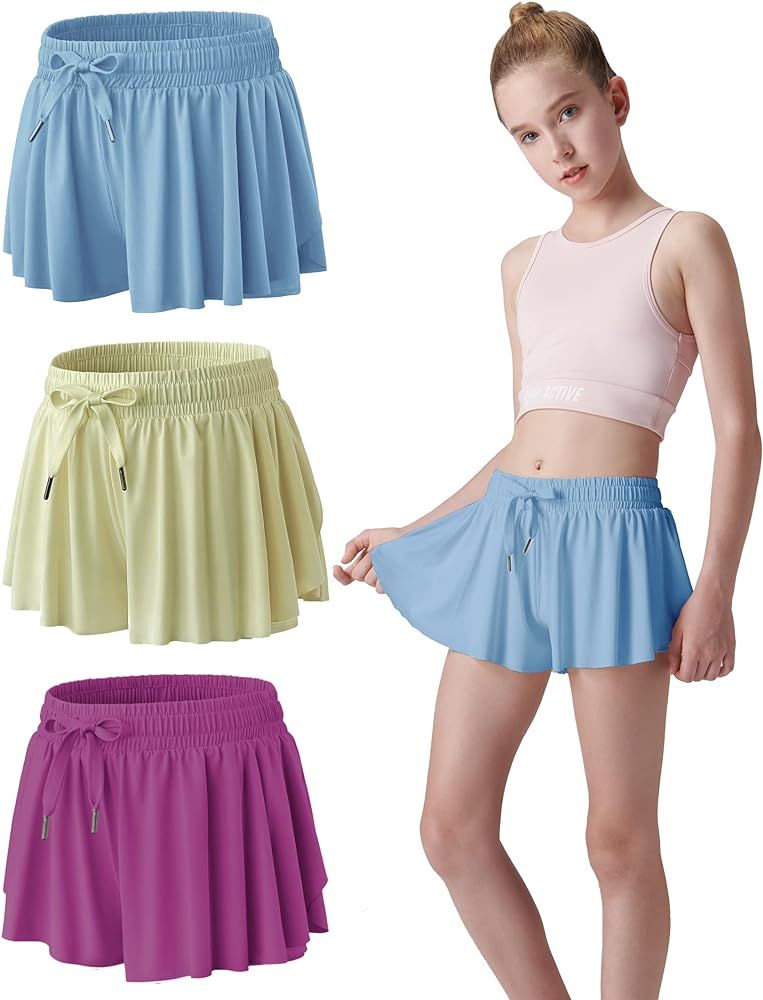 3 Pack Girls Flowy Shorts with Spandex Liner 2-in-1 Youth Butterfly Skirts for Fitness, Running, ... | Amazon (US)