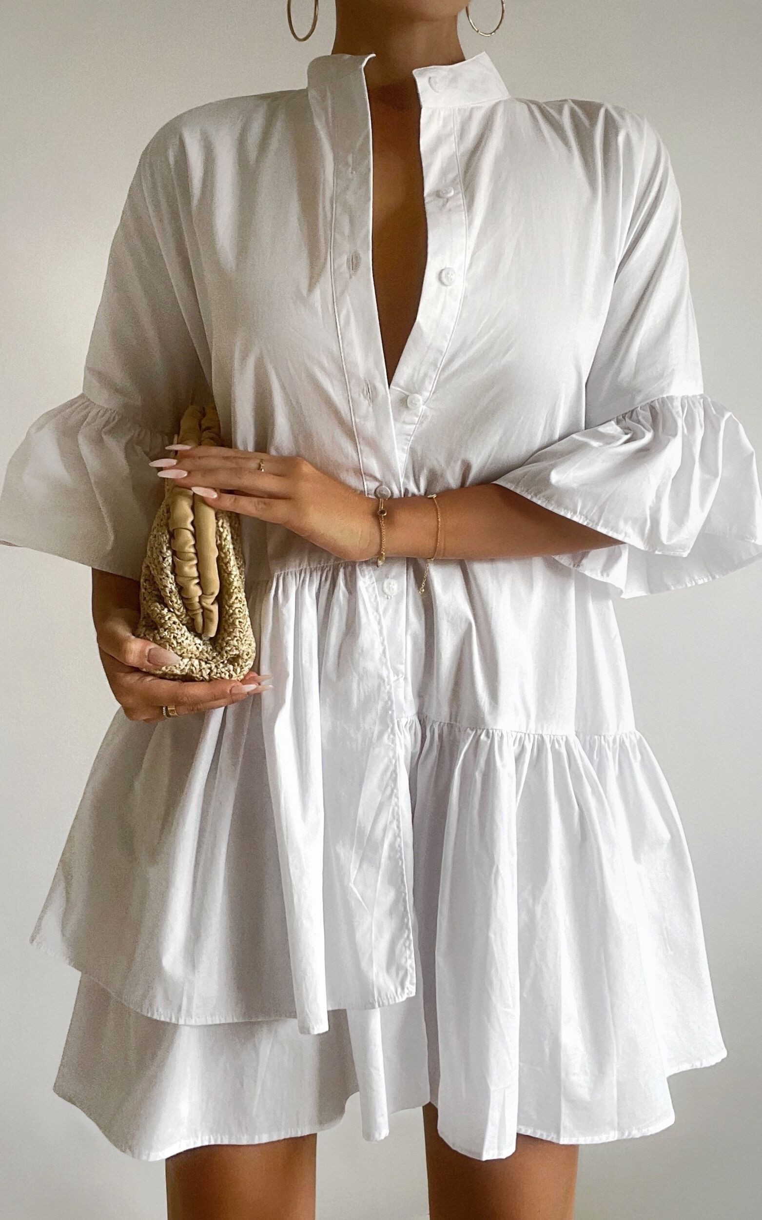 Elowen Mini Dress - Button Up Asymmetrical Tiered Smock Dress in White | Showpo (US, UK & Europe)