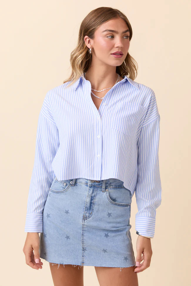 Juliana Cropped Blue Striped Shirt | Pink Lily