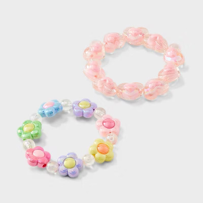 Girls' 2pk Flowers and Hearts with Beads Stretch Bracelet Set - Cat & Jack™️: Acrylic, Pull-O... | Target
