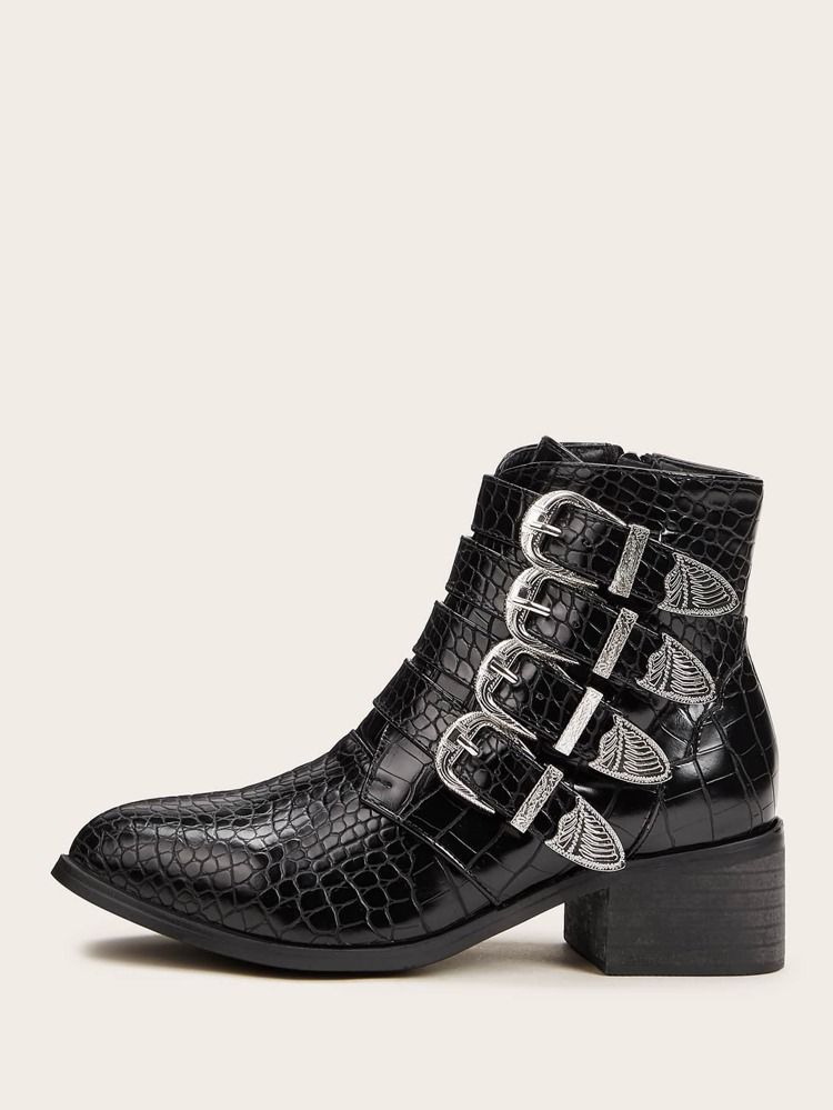 Buckle Decor Croc Embossed Boots | SHEIN