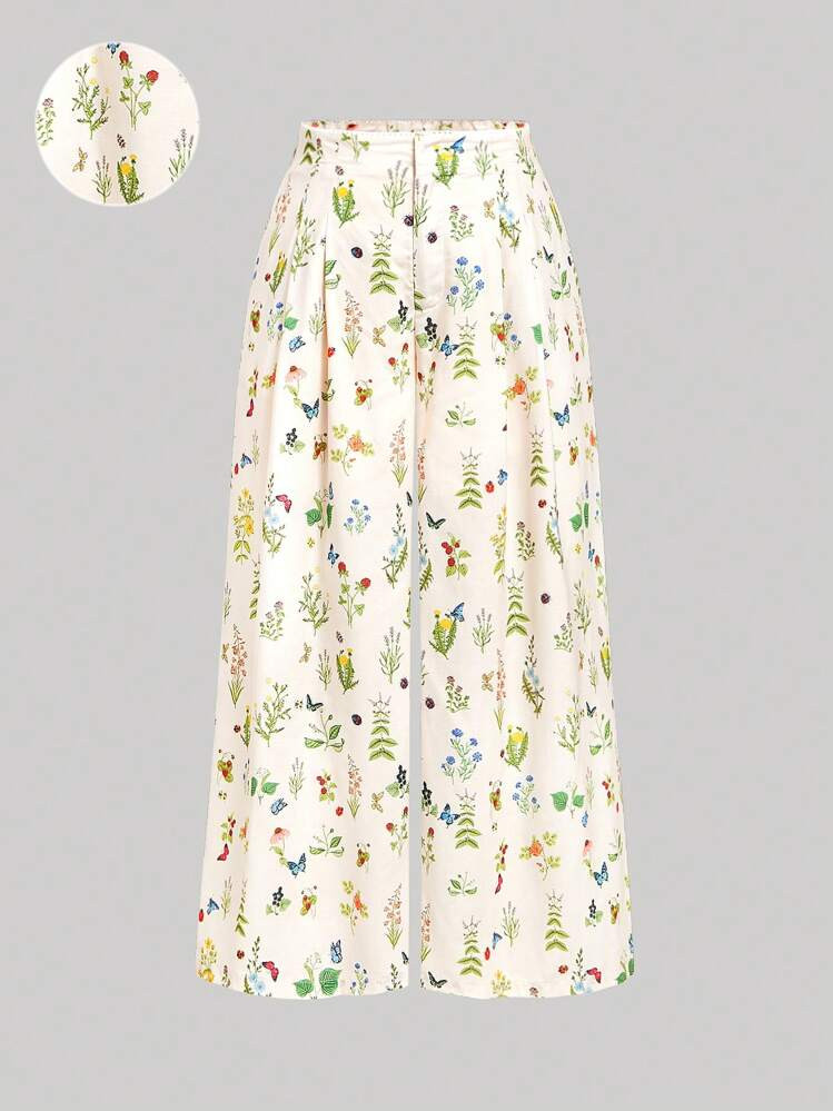 SHEIN MOD Women Plus Size Summer Floral Print A-Line Wide Leg Pants,Khaki Pants,Linen Pants,Summer Pants,Wide Leg Women Pants,Farmland Plant Printed Wide-Leg Pants, Vacation Basic Casual Long Pants | SHEIN