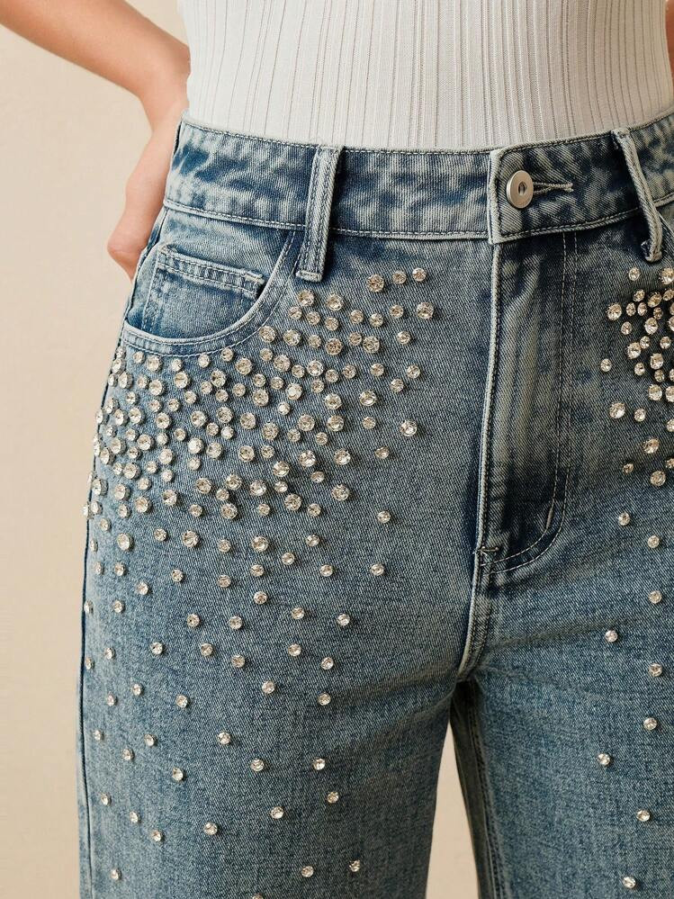 Anewsta Women's Straight Leg Slimming Rhinestone Embellished Elegant Party Pants, Suitable For Christmas, New Year | SHEIN