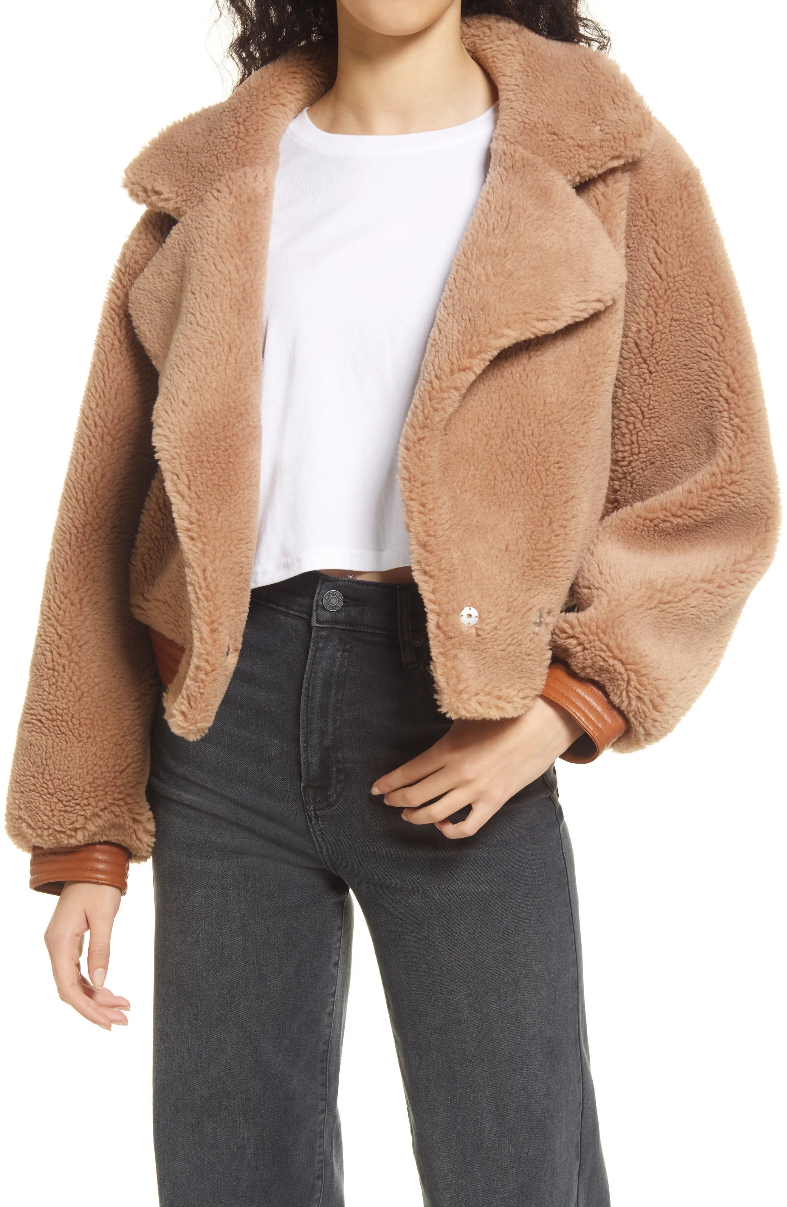 BLANKNYC Faux Shearling Teddy Coat, Size Large in Mocha Mousse at Nordstrom | Nordstrom