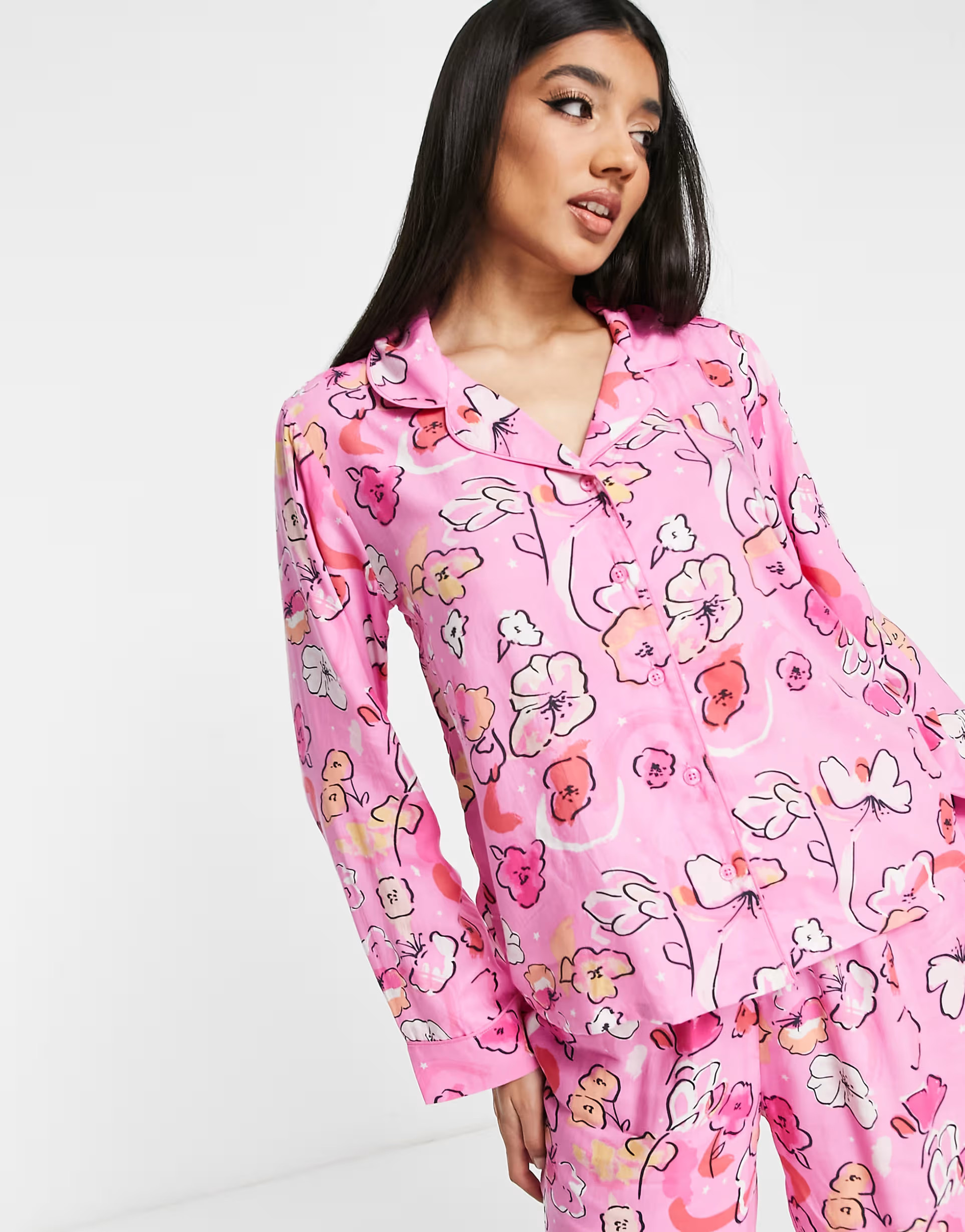 ASOS DESIGN modal floral shirt & pants pajama set in pink | ASOS (Global)
