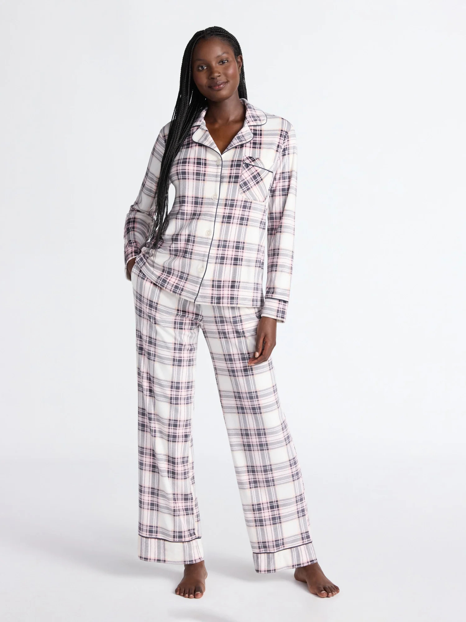 Joyspun Women’s Stretch Velour Notch Collar Long Sleeve Pajama Set, Sizes XS to 4X | Walmart (US)