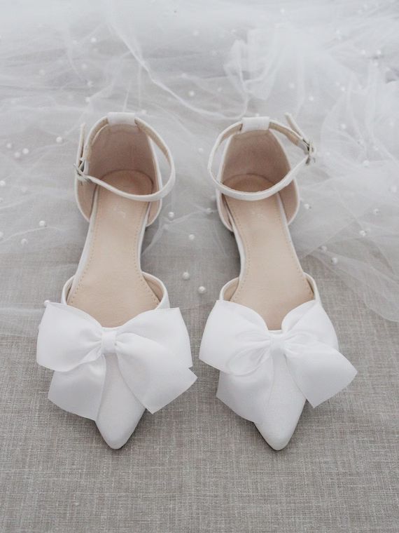 White Satin Pointy Toe Flats With Front Satin Bow Wedding | Etsy | Etsy (US)