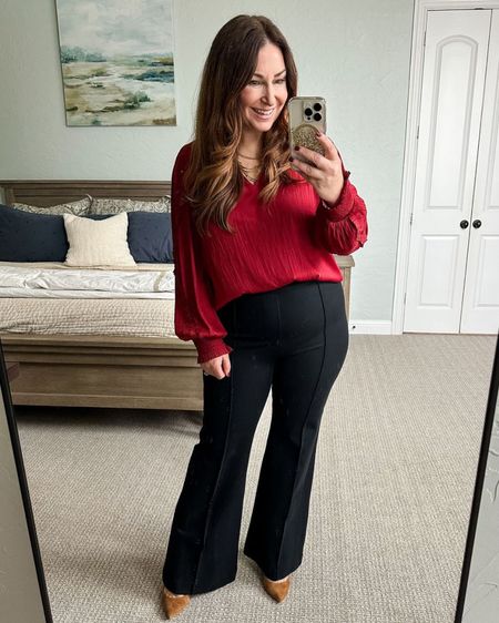 Spanx Pull-on Flare Pants 

Blouse tts L // pants XLP

Use code RYANNEXSPANX for 10% off

Red blouse | Evereve | Winter outfits | winter fashion | curve style | midsize fashion | size large | work outfit | workwear | holiday outfit 

#LTKcurves #LTKstyletip #LTKHoliday