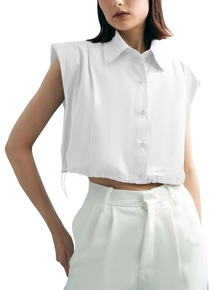 Tankaneo Womens Sleeveless Button Down Shirts Casual Loose V Neck Pad Shoulder Crop Tank Top | Amazon (US)