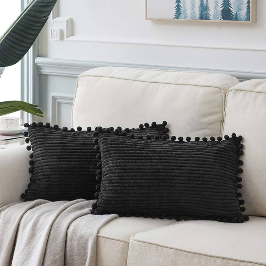 Fancy Homi Pack of 2 Black Lumbar Decorative Throw Pillow Covers with Pom-poms, Soft Corduroy Sol... | Amazon (US)