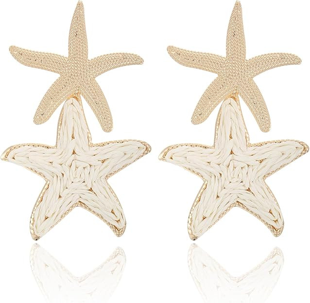 Raffia Starfish Earrings, Raffia Straw Wrapped Starfish Drop Dangle Earrings Summer Tropical Beac... | Amazon (US)